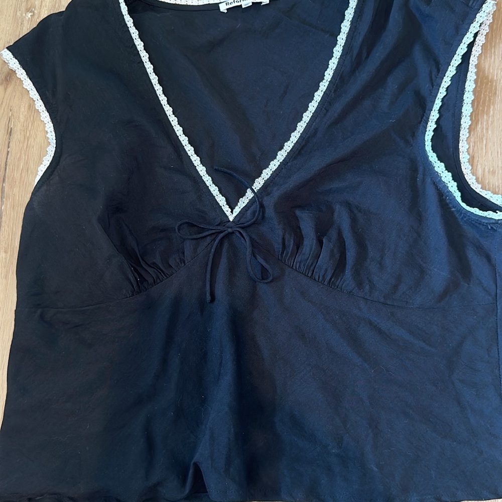 Reformation Black Top with White Lace Trim